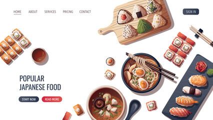 Web page design with Sushi, Miso soup, ramen, onigiri. Japanese food, healthy eating, cooking, menu concept. Vector illustration. Banner, website, advertising. © TatyanaYagudina