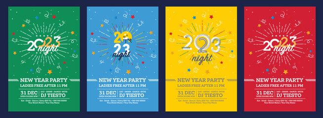 Fototapeta na wymiar 2023 colorful set of Happy New Year posters. Abstract design typography logo 2023 for vector celebration and season decoration, backgrounds, branding, banner, cover, card and or social media template.