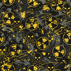 Seamless bright camouflage pattern with ionizing radiation symbol, paint brush strokes, skull and crossbones, hexagon net. Good for apparel, fabric, textile, sport goods. Grunge texture