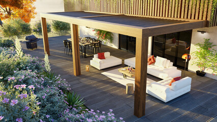 3d top view render of luxury private patio with teak wood pergola - obrazy, fototapety, plakaty