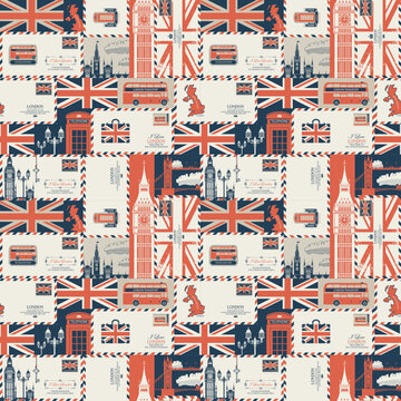 Vector seamless Background on UK and London theme with envelopes, British symbols, architectural landmarks and flag of United Kingdom in retro style. Can be used as wallpaper or wrapping paper