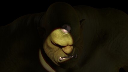 fantasy green orc, on a black background. he looks menacingly in the shadows.
3D rendering 3d model