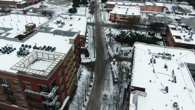 Dallas city skyline drone shot in the snow
