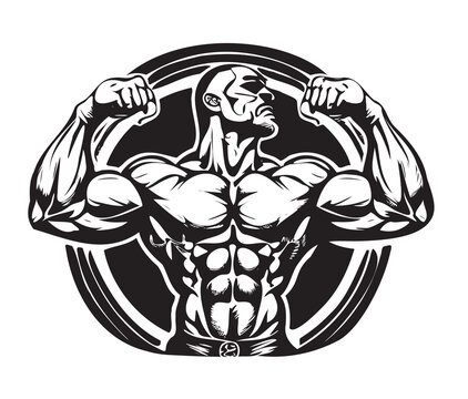 Muscular man showing muscles logo sketch hand drawn.Doodle style.Vector illustration.