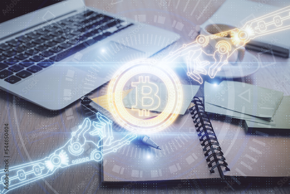 Poster double exposure of crypto technology drawing and desktop with coffee and items on table background. 