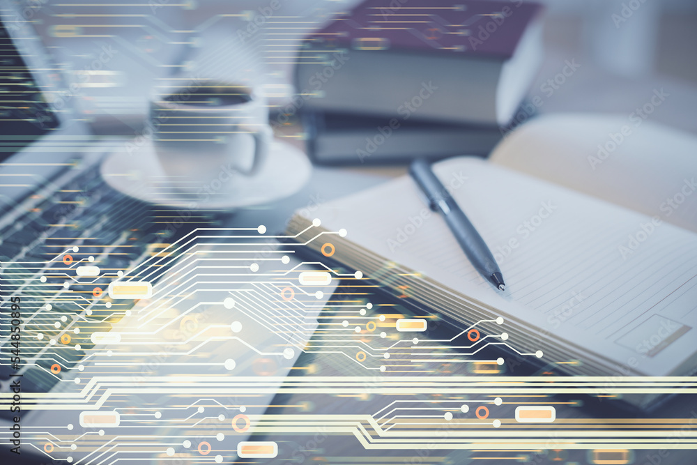 Poster double exposure of technology theme drawing and desktop with coffee and items on table background. c