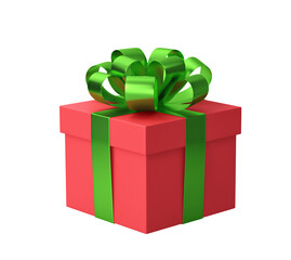 Red gift box with green ribbon isolated on white. Clipping path included