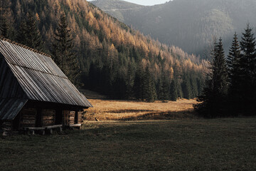 old house in the mountains, sunrise field