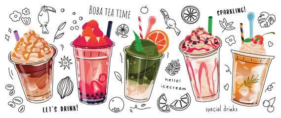 Bubble milk tea Special Promotions design, Boba milk tea, Pearl milk tea, Yummy drinks, coffees, sparkling soft drinks with logo and doodle style advertisement banner, poster. Vector illustration.