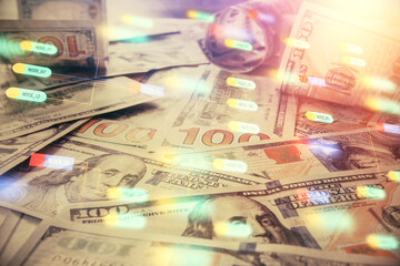 Double exposure of data theme drawing over us dollars bill background. Technology concept.