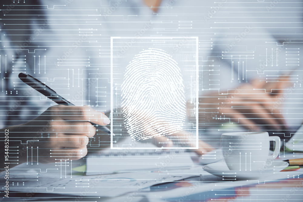 Poster double exposure of fingerprint drawing over people taking notes background. concept of security