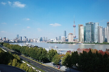 Fototapeta na wymiar buildings skyline architecture landscape highway exterior shanghai skyscrapers riverside