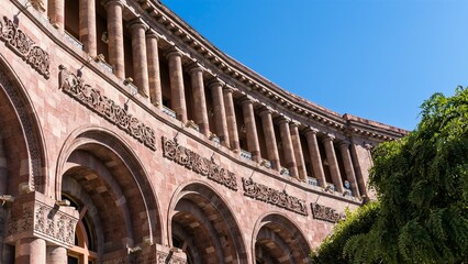 Armenia, Yerevan, September 2022. A fragment of the pediment of the Armenian government building.