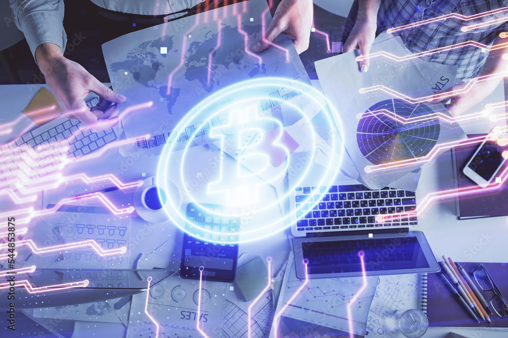 Poster double exposure of man and woman working together and crypto theme hologram drawing. computer backgr