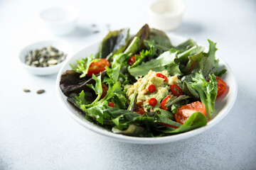 Healthy leaf salad with guacamole