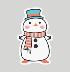 Cute snowman vector illustration. Winter cartoon design. Christmas character. Happy kawaii snow for december. Merry christmas greeting card. Isolated drawing with carrot nose, a hat and a scarf.