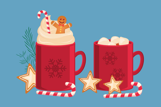 christmas winter cocoa drink cup set with gingerbread star and candy cane