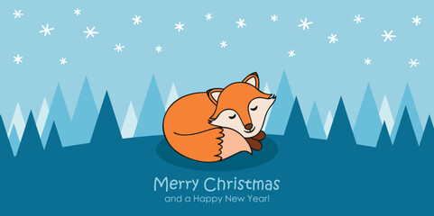 christmas greeting card with cute fox on snowy winter landscape