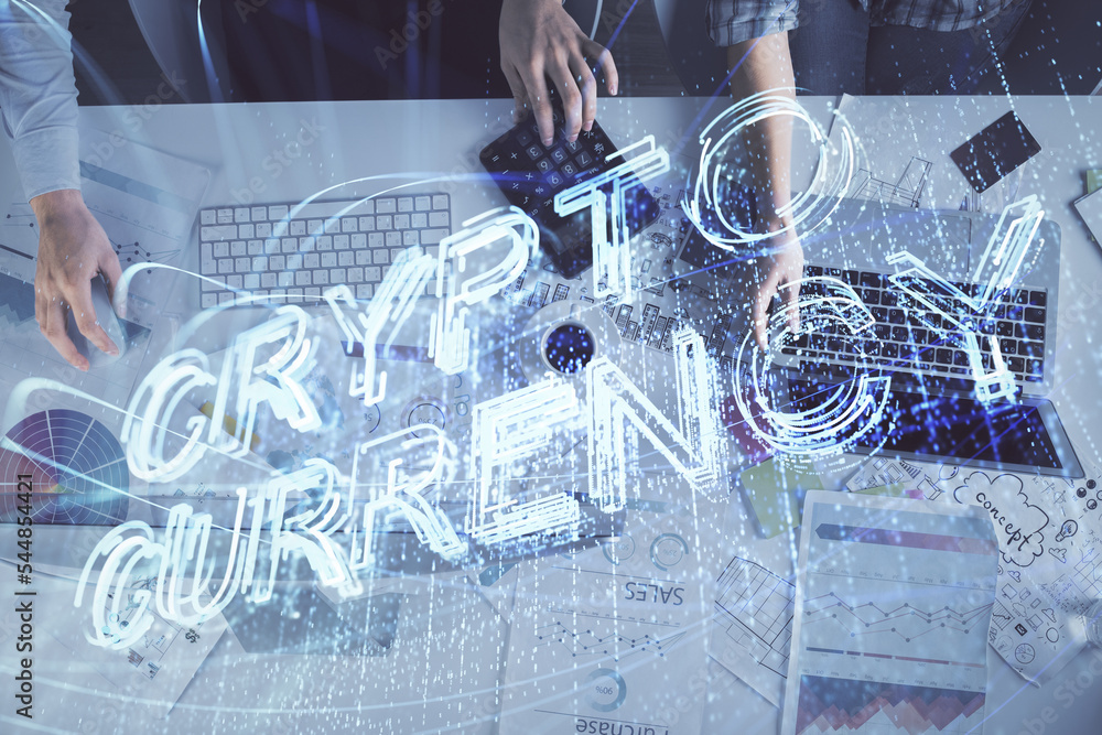 Poster double exposure of man and woman working together and crypto finance theme hologram. blockchain busi