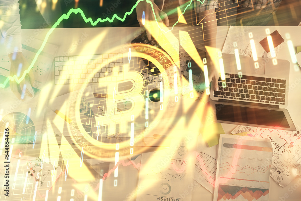 Poster double exposure of man and woman working together and crypto finance theme hologram. blockchain busi