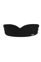 Close-up shot of a black self adhesive silicone bandeau bra. The strapless invisible bra is isolated on a white background. Front view.