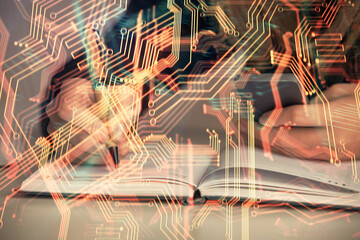 Double exposure of woman hands typing on computer and technology theme drawing. High Tech concept.