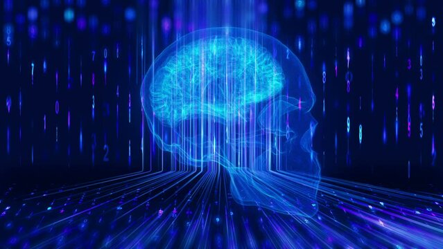Neural network data training human using a data artificial intelligence. Machine learning technology electronic brain 3D video seamless loop futuristic biotechnology concept.