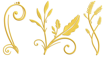 立体的な手描きのゴールドのツタ模様セット　ラスター素材