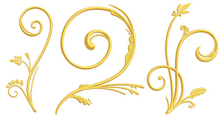 立体的な手描きのゴールドのツタ模様セット　ラスター素材