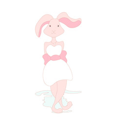 Cartoon picture of a rabbit with long ears in a dress, on a pink background. Symbol of the new year.
