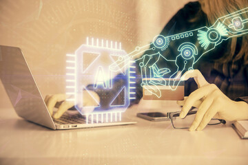 Double exposure of woman on-line shopping holding a credit card and data theme hologram drawing. E-commerce concept.