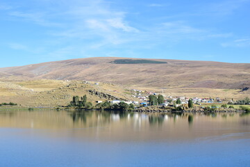 Beautiful nature view of Lake Cildir, which lies in the provinces of Ardahan and Kars in the east of Turkey. Photo taken in September 2022.