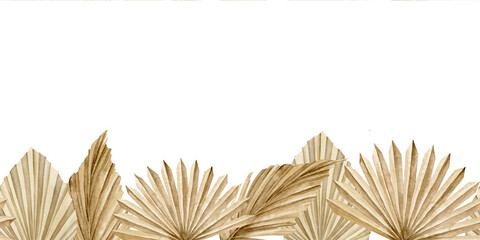 Watercolor seamless Pattern with Dried Palm leaves in boho style. Hand drawn Border with exotic tropical dry plants for frames or wedding invitations. Template on isolated background. © Alisles