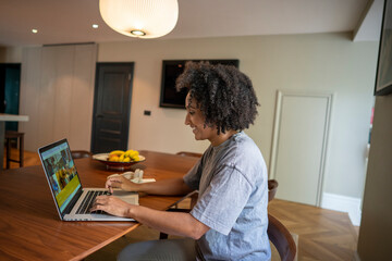 Fototapeta na wymiar Smiling woman using laptop at home