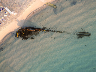 Drone view of the ship's remains in the Spiaggia del Relitto 