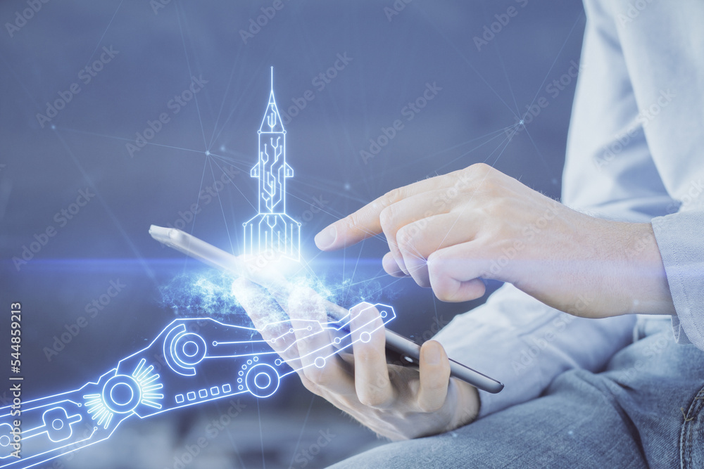 Poster double exposure of man's hands holding and using a mobile device and creative hologram drawing.