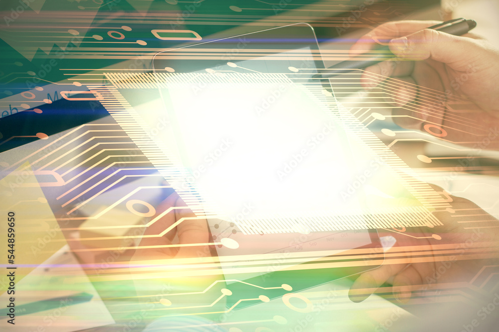 Poster Multi exposure of man's hands holding and using a digital device and data theme drawing. Innovation concept.