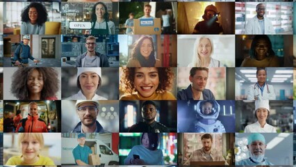 Stylish Zoom Out Montage of Smiling Mixed Race Woman Becoming Part of Multi-Ethnic Group of People with Diverse Gender, Ethnicity Looking at Camera. Collection of Happy Portraits in Edited Collage - Powered by Adobe