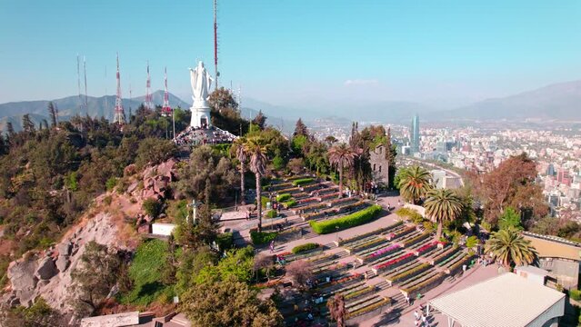 Virgin Mary Statue On Top Of Cerro San Cristobal In Santiago Metropolitan Park, Chile. - aerial