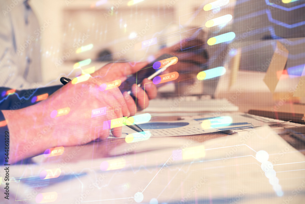 Aufkleber multi exposure of man's hands holding and using a digital device and data theme drawing. innovation 