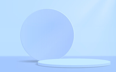 3d cylinder podium on blue geometric display platform. Vector rendering of podium pedestal shape for product presentation, showcase, mock up. Minimal stage scene platform