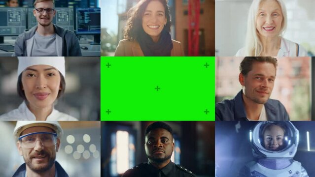 Green Chroma Key Screen Zoom In On a Montage of Multi Ethnic Crowd of People with Diverse Gender, Ethnicity Looking at Camera. Collection of Happy Portraits in Edited Collage