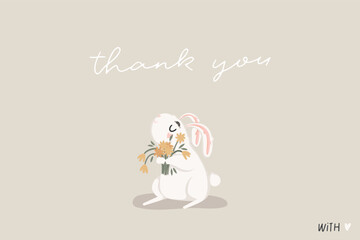 Cute Thank you card witch little white bunny with yellow flowers bouquet. Hand drawn adorable cartoon flat illustration postcard. Gratitude, thankyou vector 