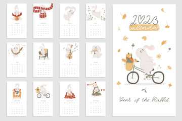 2023 new year of the rabbit calendar template design. Symbol of the year in the Chinese horoscope. Planner for new year. Set for 12 months. Vector card, cartoon flat style hand drawn illustration