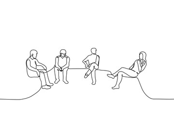 group of people sitting nearby - one line drawing vector. concept customers sitting in line, job seekers at the interview