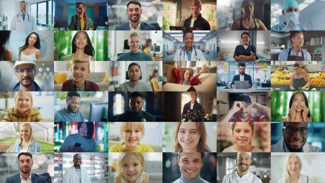 Changing Montage of Multi-Cultural and Multi-Ethnic People of Diverse Background, Gender, Ethnicity, Occupation Smiling, Looking at Camera. Happy People of the World Cheerfully Smiling. Static Shot