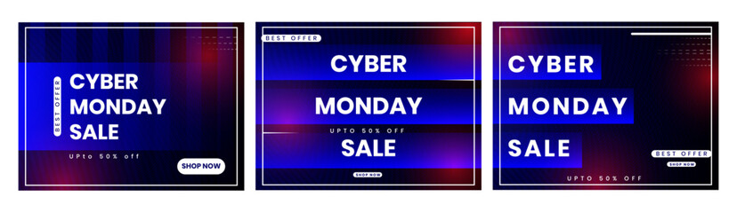 Set of three social media post or promotional design template on Cyber Monday sale.