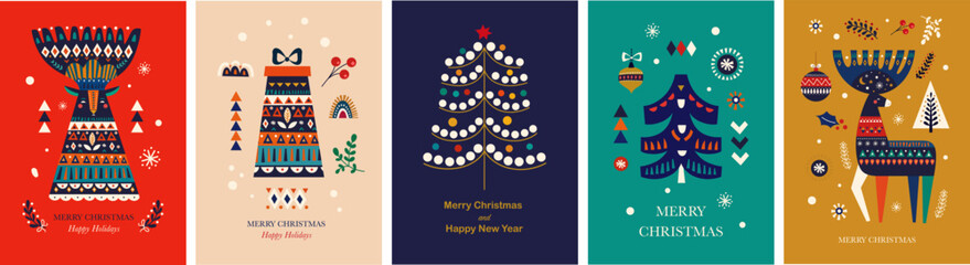 Christmas illustrations in Scandinavian folk style with deers, Christmas tree, gift  © moleskostudio