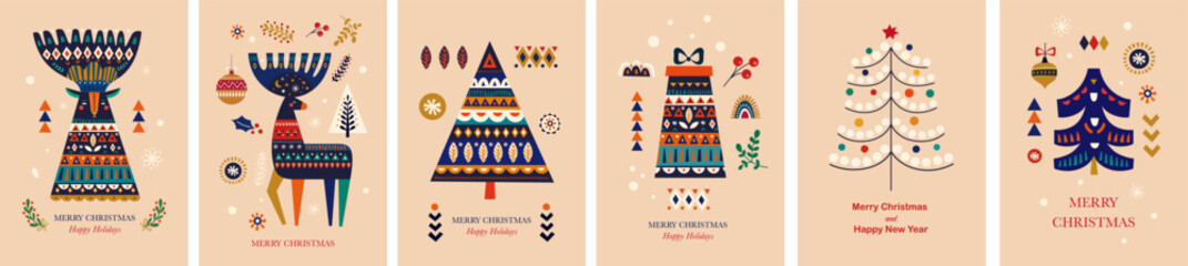 Christmas decorative tags with Christmas deer, gift boxes and Christmas tree. Christmas collection in Scandinavian style