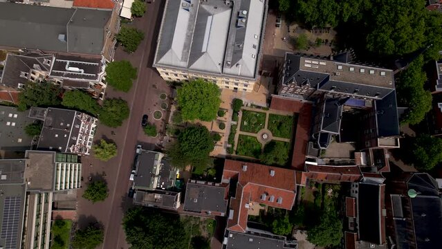 Top down aerial of city centre in Utrecht with small patio Maria plein revealingwider urban context